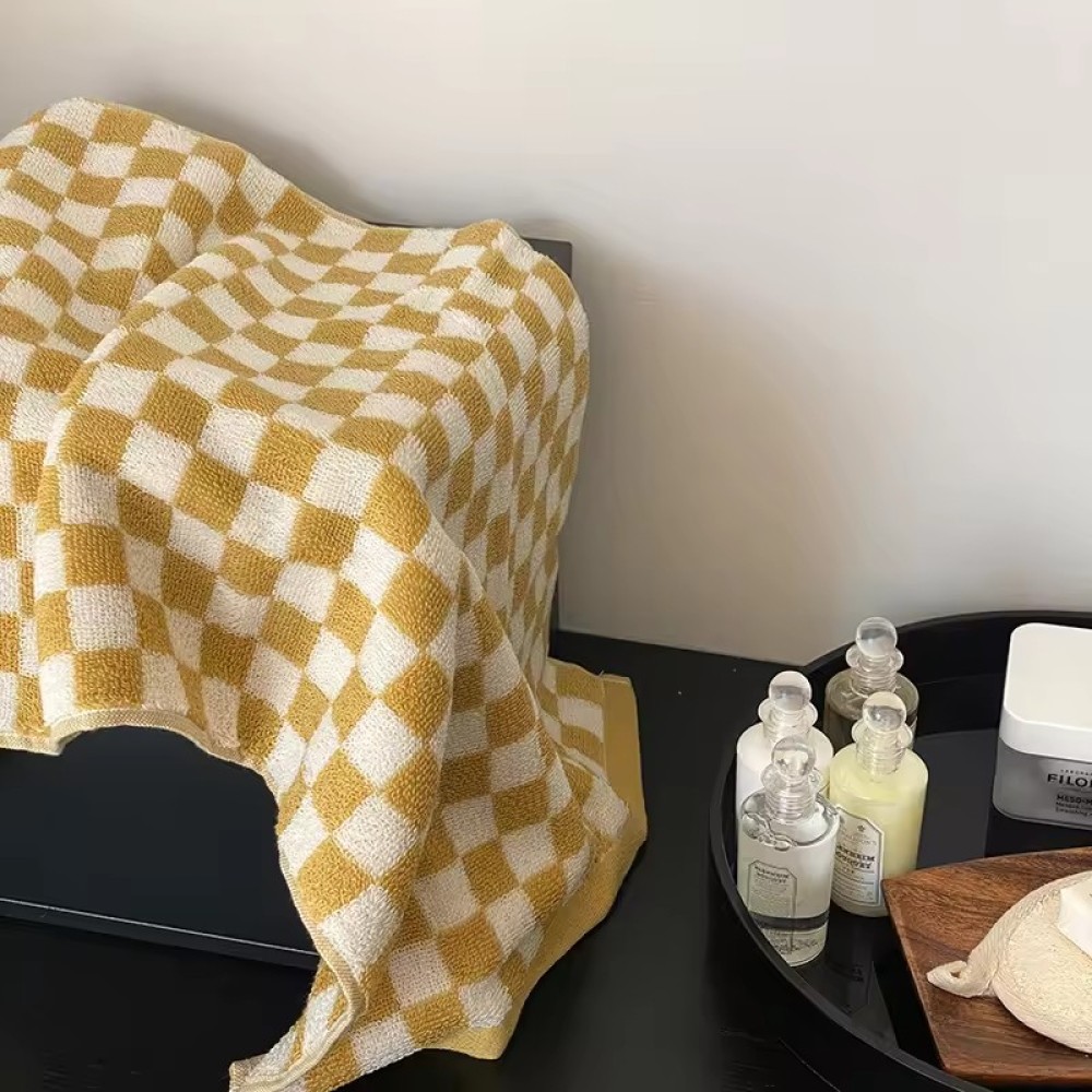 Vintage Ins Jacquard Checkered Long Pile Face Towel Wash Towel Household Bath Towel Absorbent Large Gift